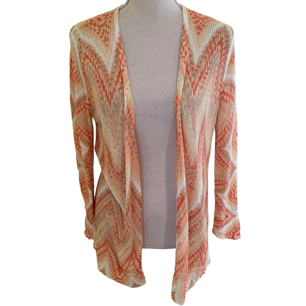 Chico's Orange/Cream/Tan Chevron Open Front Cardigan 1(S)